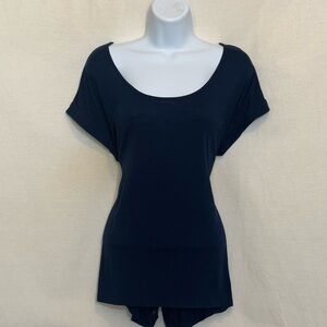 F-90 Maurice’s Blue Sheer Back Strip Short Sleeve Pullover Blouse Size‎ L